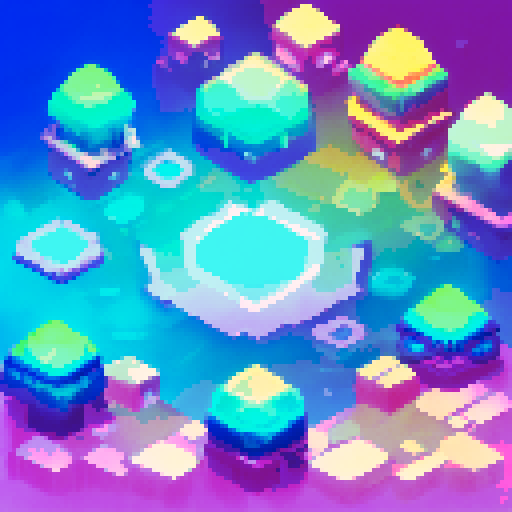 technological Aztec Style Ziggurat, shimmering in neon hues, surrounded by frozen waters reflecting the pixel art skyline