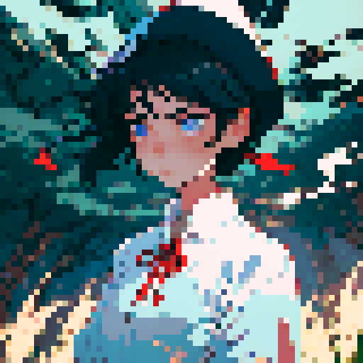 A young girl, rounded face, blue eyes, short black hair, white shirt, beige hat, red neck ribbon, holding an incense stick, dark night time in the forest background, midnight, dark forest