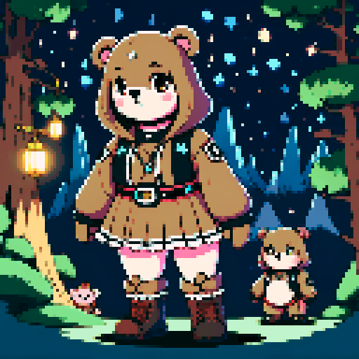 A graphic depiction of a chubby bear in retro 1995 anime style, chibi form, with expressive black eyes and brown fur, styled with long twin pigtails. Wearing magical clothes with intricate belts and patches. Background of a wild magic night with a dark waterfall and bright stars. Created Using: classic anime aesthetics, detailed magical garments, enchanting night setting, vivid portrayal, star reflections, dynamic composition, hd quality --ar 2:3 --v 6.0