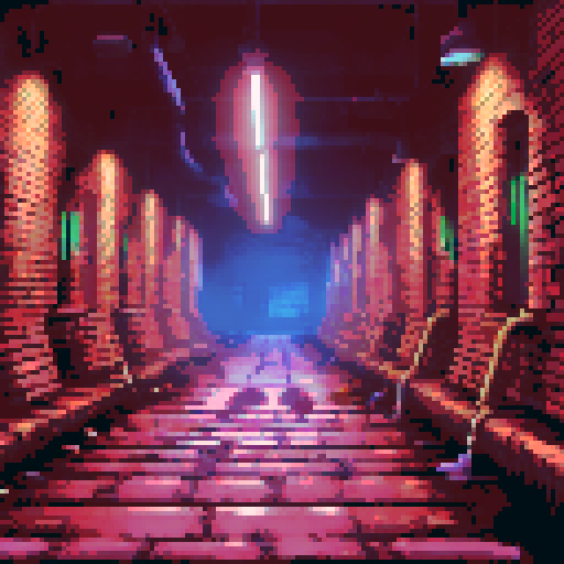 Dark, murky, and damp, the winding tunnels of the sewers twist and turn, revealing glimpses of brick walls, rusted pipes, and murky water illuminated by flickering, fluorescent lights