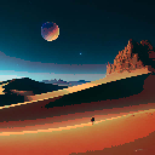 desert with many dunes at night, the sand is gray and there is a crescent moon in the dark sky