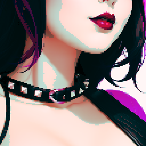 curvy, busty goth, cute goth woman's face, black hair, purple eyeshadow, red lipstick, studded leather string bikini, face portrait, beauty photo, vibrant sRGB colors, pixel art