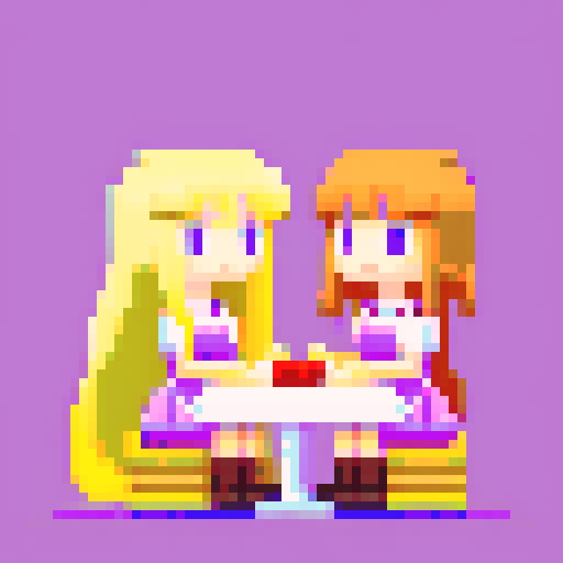 long blonde hair, pink apron, brown hair, purple dress, sitting down, facing each other, nail salon, pixel art, sRGB