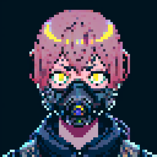 Gas mask, cool, pixel art, sRGB, vibrant colors, retro-futuristic, glowing eyes, detailed shading, intricate patterns, post-apocalyptic, cyberpunk