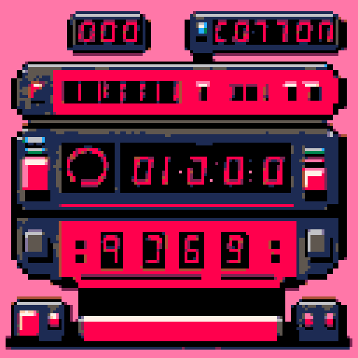 bomb control panel, countdown timer with bold red numbers, two large buttons on either side, pixel art style with vibrant colors and sharp edges, sRGB color space

