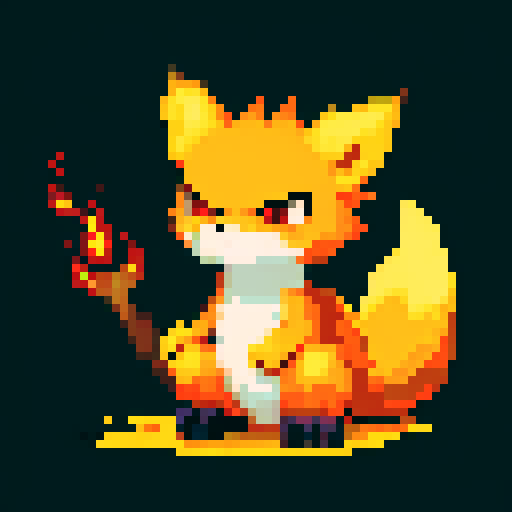 medium-sized, fiery orange and yellow 'mon with a bushy flame tail, sharp claws, and a determined expression, depicted in detailed pixel art with vibrant sRGB colors. You created this stage 1 evolution mon for my fire type starter. Now please create the stage 2 evolution. It's medium sized and looks slightly more powerful