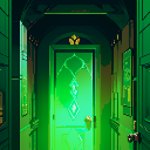 close-up shot, many doors showing, passageway, diffuse light at end, sRGB, pixel art