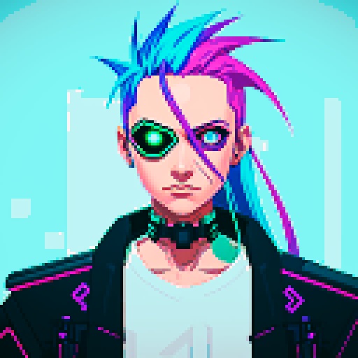 Cyberpunk hacker with neon hair, wielding futuristic swords in a dystopian cityscape, surrounded by glitching pixel art billboards