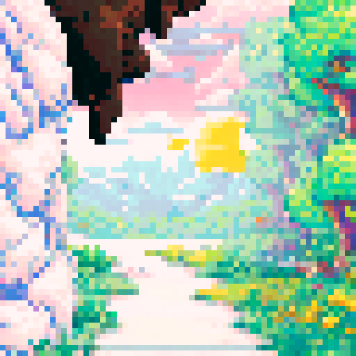 A playful dog frolicking in a vibrant, pixelated meadow with a towering, technicolor mountain range in the distance, all against a sunny, sRGB sky