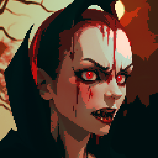 vampire, pixel art, sRGB, blood-soaked fangs, haunting gaze, pale complexion, flowing cape, mesmerizing eyes, feral claws, eerie moonlight, gothic atmosphere, crimson splatters, ethereal shadows, menacing silhouette, sharp incisors, nocturnal charm