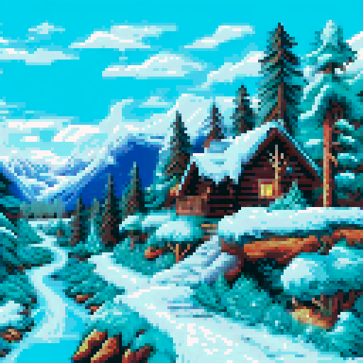 Snow-capped peaks towering over pine forests and frozen lakes, with a cozy cabin nestled in the valley, all rendered in a vibrant, pixelated art style on an sRGB background