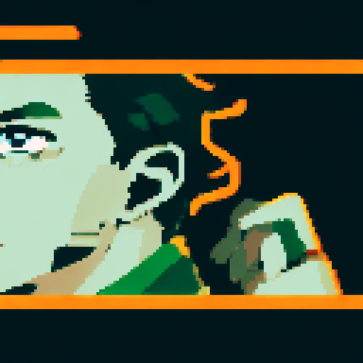 Half man, half machine with slicked back hair, neon green eyes, and a leather jacket exhales smoke from his cigarette in a pixelated anime close-up portrait
