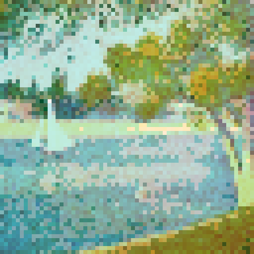 A serene riverside scene. A sailboat with a white sail floats gently on the river, while a lone individual rows a small boat in the foreground. On the left, a large tree with dense foliage stands tall, casting a shadow over the water. In the background, a line of trees and a building can be seen, suggesting a distant shoreline or town. The entire scene is bathed in a soft, pastel hue, giving it a dreamy and tranquil ambiance. Mimic Georges Seurat’s pointillist technique