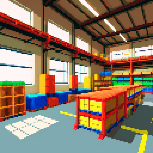 warehouse workstation with a conveyor belt and trolley filled with boxes, pixelated details, vibrant sRGB colors