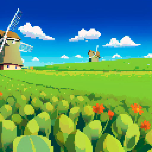 Wide open field, plains, sprouts of three long leaves, grey windmill in background