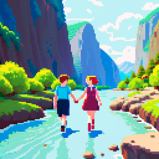 boy, girl, holding hands, walking, mountains, river, noon, summer, pixel art, sRGB