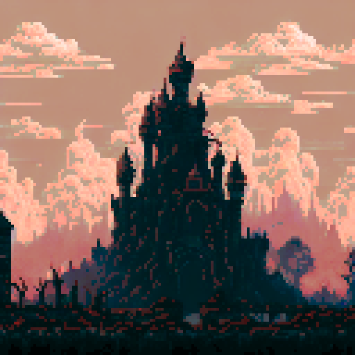 Apocalyptic ruins, desolate wasteland, decaying buildings, crumbling infrastructure, overgrown vegetation, abandoned vehicles, eerie atmosphere, gloomy sky, ominous clouds, dilapidated cityscape, pixelated art style, sRGB color profile, post-apocalyptic landscape