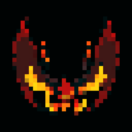 fiery demonic creature with flickering flames, larger wings, glowing red eyes, faint glow, sinister expression, pixel art, sRGB
