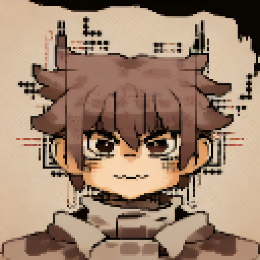 Pixelated caricature of a fierce, samurai warrior with a menacing expression, featuring bold black lines and sharp angles, all rendered in a monochromatic palette.