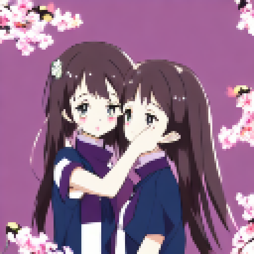 Two blushing women embrace, surrounded by cherry blossoms, with sparkling hearts in their eyes, in an anime style.