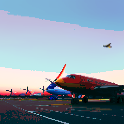 Airport at dusk, pixelated planes in vibrant shades of red and yellow, runway lined with twinkling lights, a crowd of travelers shrouded in silhouettes, fading sky painted with hues of faded purple and deep blue