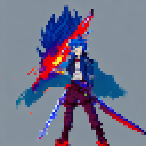 Generate a pixelated image of an anime hero with spiky hair and a katana sword, surrounded by a bright aura of electric blue and fiery red colors.