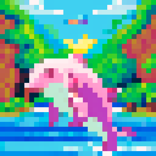 a pink dolphin jumping in a river in the middle of a rainforest