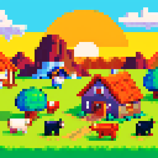 Cute orange sun rising over a pixel art farm in a sRGB style, with monster cows grazing in a big farm surrounded by a town and a cave in the mountains on the Sunshire title screen