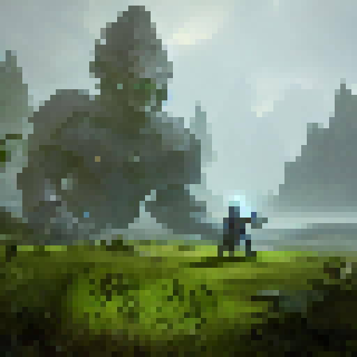 Armor-clad fighter charges his sword towards a towering stone golem amidst a misty forest.