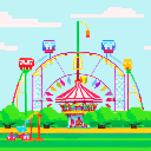 Amusement park, vibrant roller coasters, whimsical carousels, towering ferris wheels, vibrant colors, pixel art