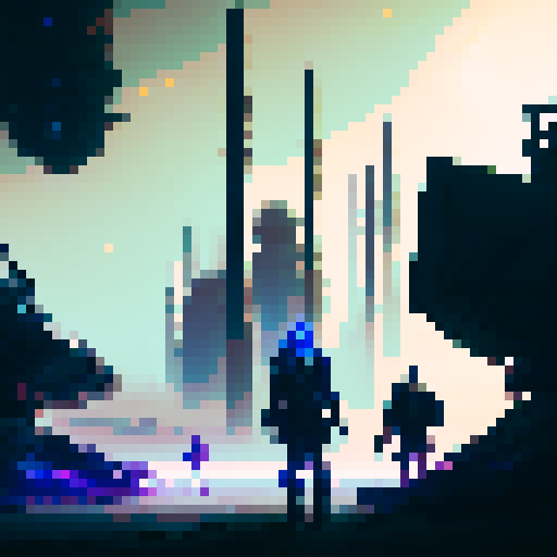 Cyberpunk warriors with blue glowing eyes, clad in metallic armor, standing amongst towering wind turbines and solar panels in a post-apocalyptic wasteland, with a fantasy RPG art style, looking epic