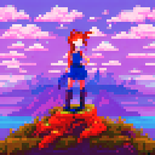 Gamer girl with thigh highs, surrounded by vibrant pixelated flora and fauna, stands atop a rocky outcropping overlooking a sprawling sRGB landscape