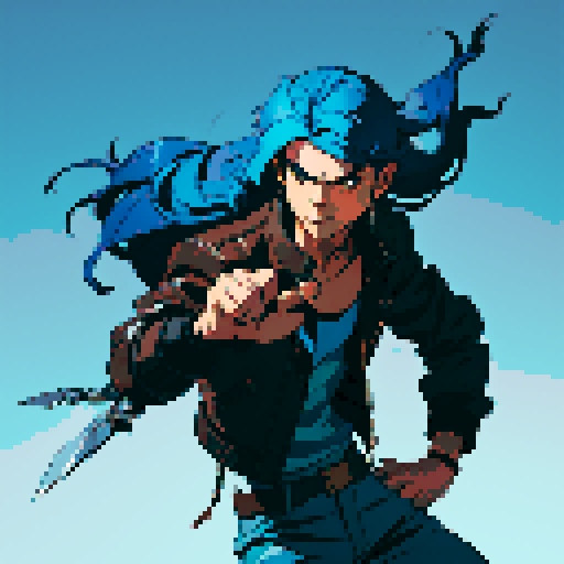 male character, blue hair, holding two knives, space pirate, brown leather jacket, retro video game style, pixelated details, no background, dynamic poses