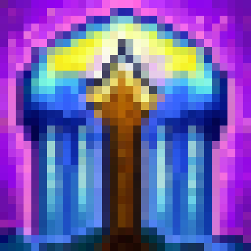 Electric blue lightning crackling through a stormy sky illuminating a jagged mountain peak with a lone figure atop, holding a glowing sword, in 32x32 pixel art style.