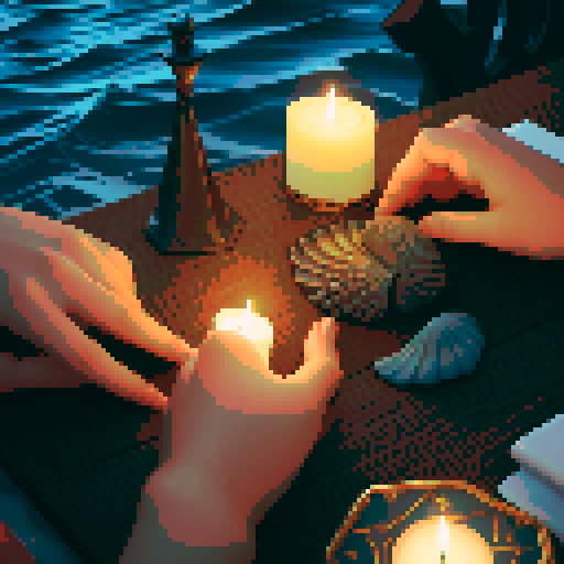 A close-up of a woman's hands over a table during a tarot card reading in a medieval dark style. The table is adorned with elements of the ocean such as sea shells, sand, and small pieces of coral. The atmosphere is mystical and dimly lit, with candlelight casting shadows that enhance the eerie and magical mood. The woman's hands are gracefully poised over the cards, which also have oceanic designs like waves and mermaids.