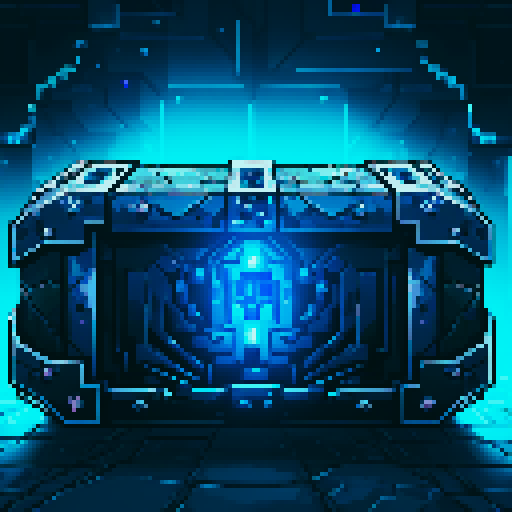 mystery box, stone, metall, shiny, pixel art, sRGB, vibrant colors, glowing lights, intricate patterns
