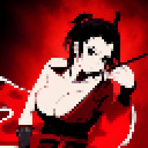 Rogue assassin and demon slayer, adorned in red and black garb, fiercely battle amidst a Yo-Hokki Style world of swirling smoke and sharp-edged shadows.