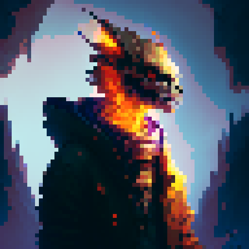 Skeleton engulfed in roaring flames, pixelated profile picture, capturing the essence of a fantasy RPG