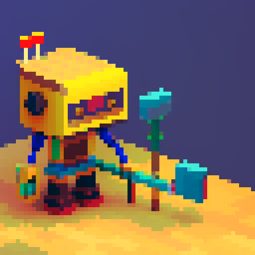 robot woodcutter with axe, caterpillar legs replaced by axe, vibrant colors, blocky shapes, retro video game aesthetic, 8-bit graphics, sharp lines, limited color palette: pixel art