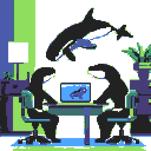 killer whales with sleek black and white bodies, working diligently at a desk adorned with vibrant pixel art, their laptops emitting a mesmerizing display of sRGB colors