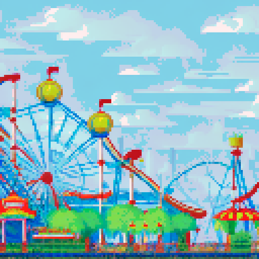 Amusement park, vibrant roller coasters, whimsical carousels, towering ferris wheels, sRGB colors, pixel art, detailed background, picturesque landscape
