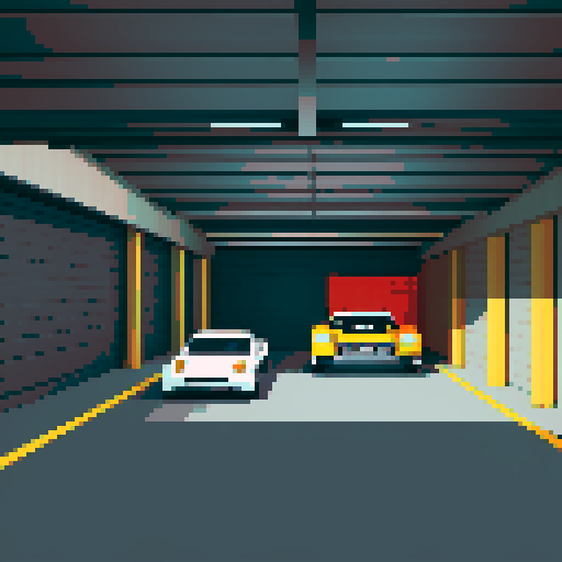 Large garage with cars, gray, asphalt, table, tools, car parts, pixel art