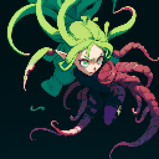 eldritch being, tentacles writhing, full body floating, brain pulsating, many eyes staring, eyeballs bulging, no humans, monsyer, sRGB pixel art