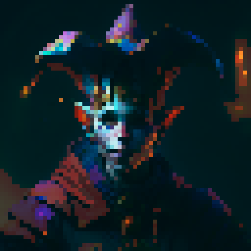 jester, vibrant colors, elaborate costume, mischievous expression, medieval backdrop