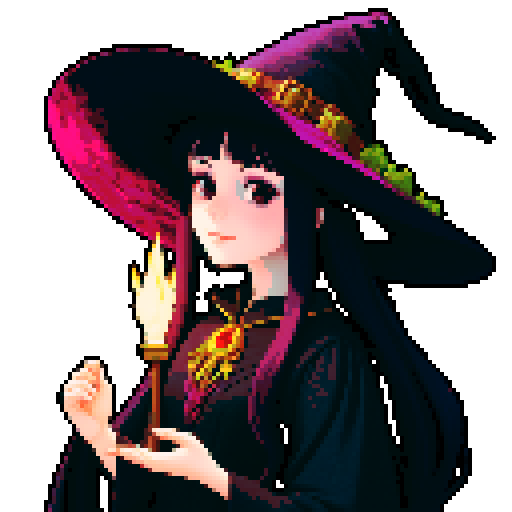 Young beautiful witch slightly facing right, with a whimsical and enchanting appearance.