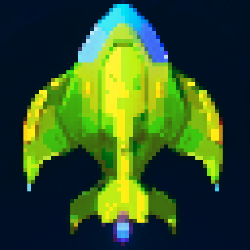 spaceship, overhead view, retro pixel art, vibrant colors, sleek design, glowing thrusters, transparent background, futuristic technology, metallic hull, intricate details, cockpit window, planets in the distance