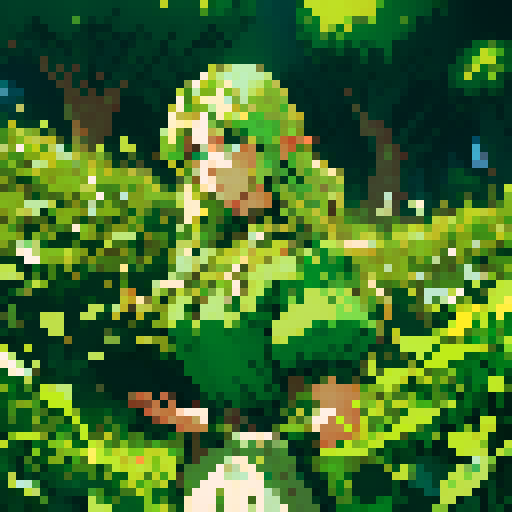 Renaissance era farmer with emerald green eyes, flowing golden hair, and rough hands, encased in shimmering crystalline vines, in a pixel art style with rich sRGB colors