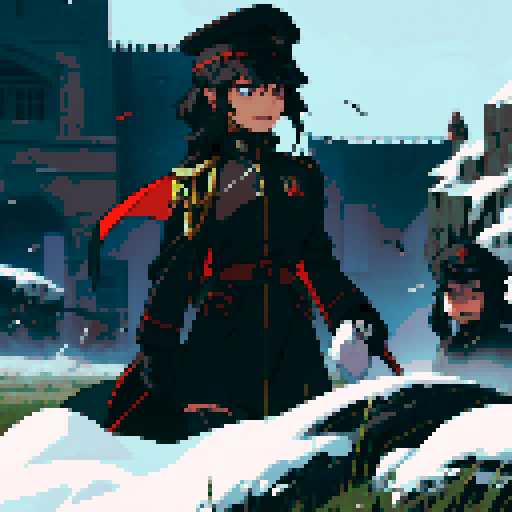 military general woman, black uniform, black hat, army behind her, fortress, evil
