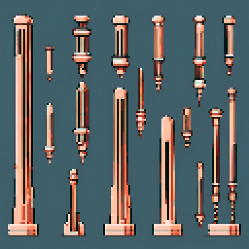 I want a tall vertical copper structure reminiscent of a organ pipe. It should have strange mechanical details that could interlock with each other. I also want this object usable an asset in a videogame, meaning only one object per image, outlined with a strong black stroke, on a solid-color background.
