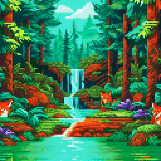 Towering evergreens and a cascading waterfall in the background, a lone fox darts through the vibrant underbrush in a pixelated forest landscape